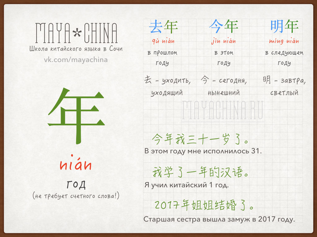 обстоятельство времени год на китайском языке